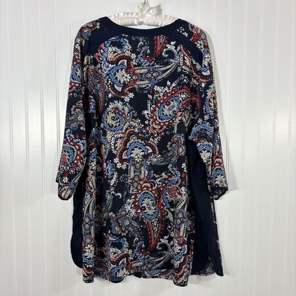 Catherines Blouse Womens 2X Paisley 3/4 Sleeve V-Neck Button Up Tunic Flowy Navy - Picture 2 of 12